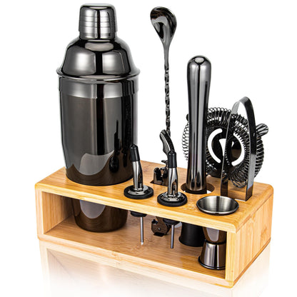 Black Cocktail Shaker Set, Premium 18/8 Stainless Steel Mixology Bartender Kit with Stylish Bamboo Stand 10-Piece Bar Tools & Accessories for Home Bar for Men, Dad, Husband