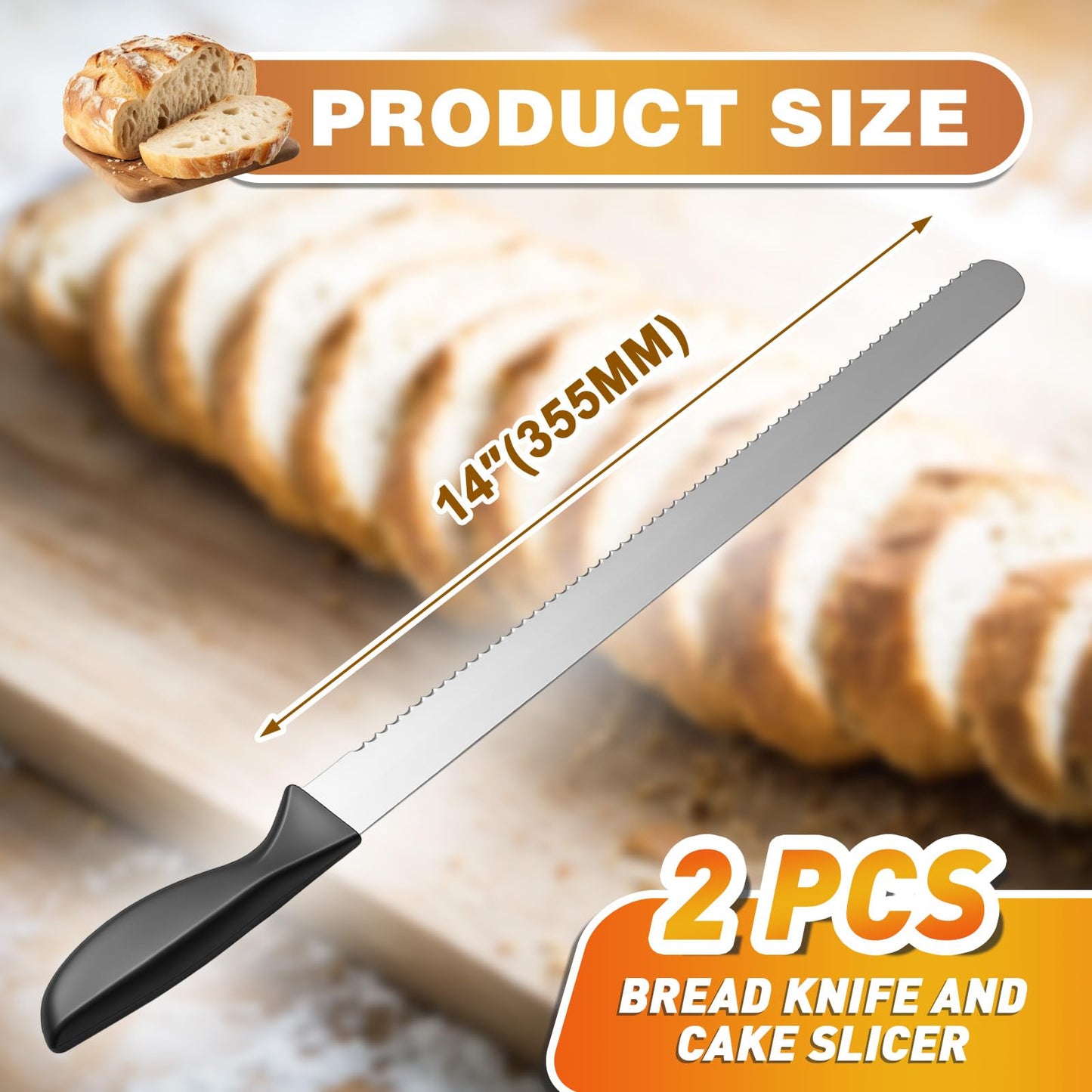 Oh Klyzo 2 Pack 14 Inch Bread Cake Knife Stainless Steel Cake Slicer with Serrated Edge for Cutting Bread and Cakes