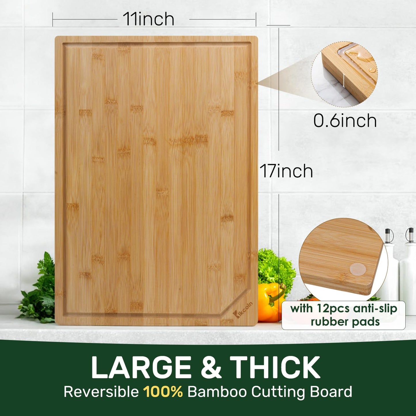 Kikcoin 17”×11” Bamboo Cutting Boards for Kitchen, Healthy Wooden Cutting Boards for Kitchen, Charcuterie, Vegetables, Cheese, Extra Large Chopping Boards with Deep Juice Groove and Handle, Natural
