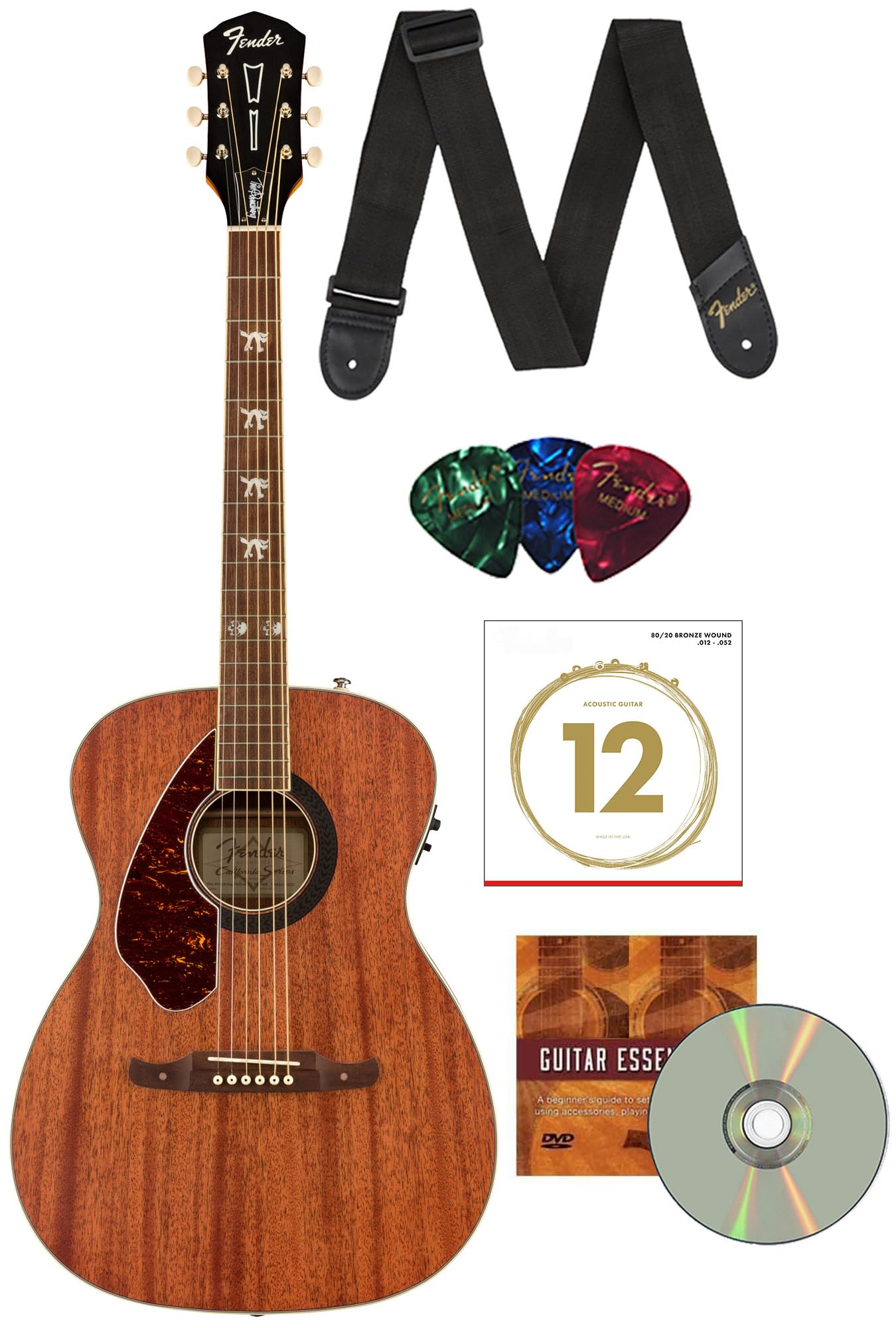 Fender Tim Armstrong Hellcat Concert Acoustic-Electric Guitar - Left-Handed Natural Bundle with Strings, Strap, Picks, and Austin Bazaar Instructional DVD