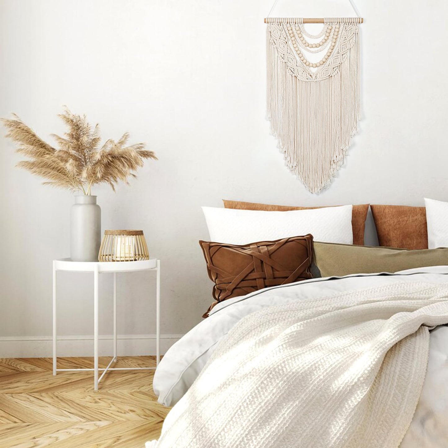 LOMOHOO Macrame Wall Hanging Boho Handmade Geometric Woven Tapestry Bohemian Wall Art Decor with Chic Wooden Beads Home Decor for Bedroom Living Room Apartment Dorm Gallery Wedding 16.5"x30"