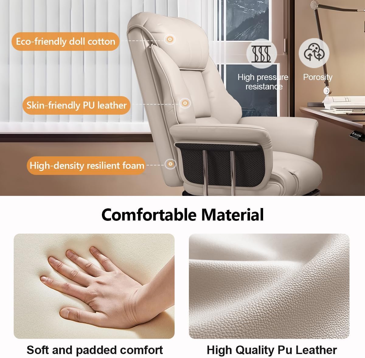 Executive High-Back Office Chair, Beige PU Leather, 550 Lbs Capacity, Retractable Footrest, Swivel with Chrome Base