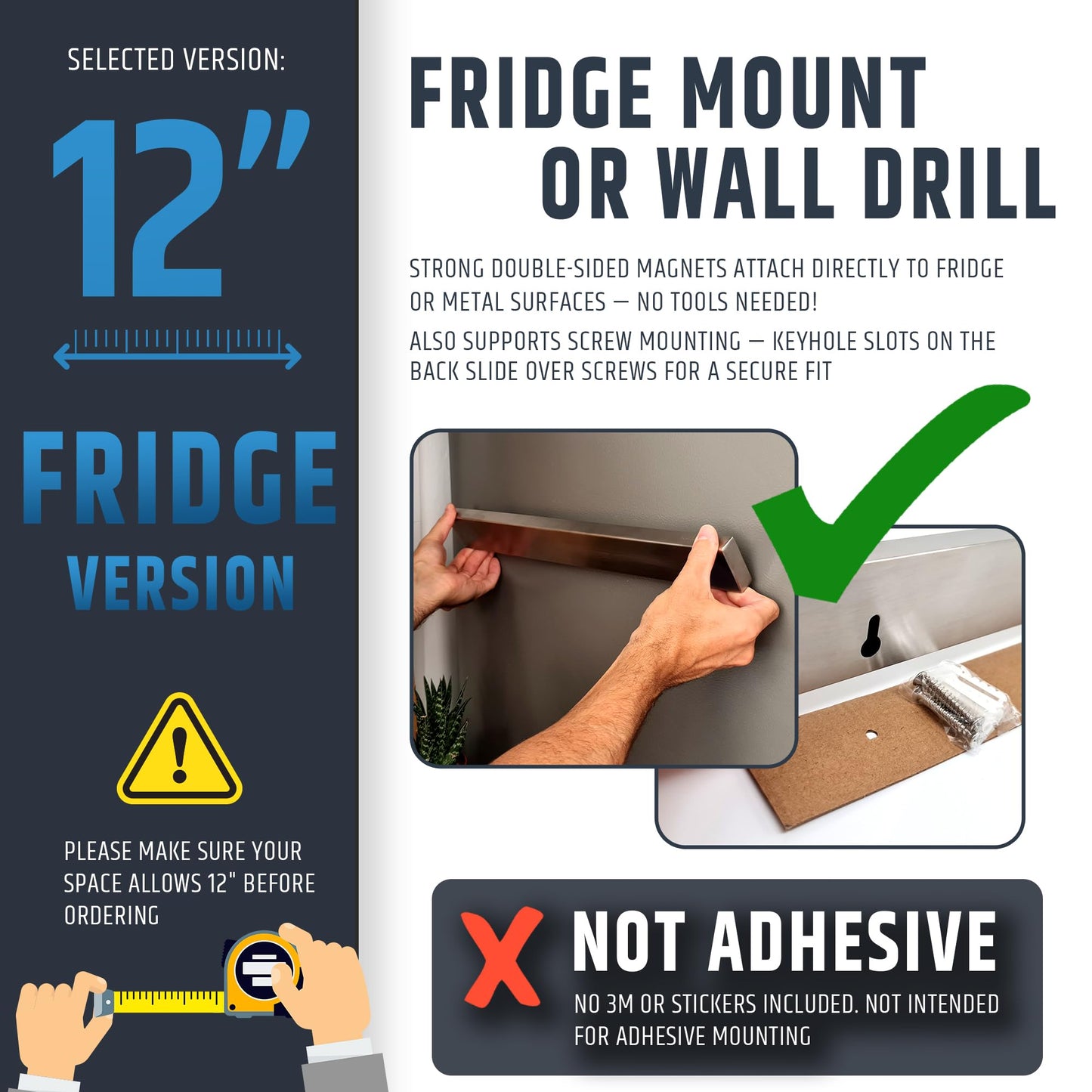 12" Premium Magnetic Knife Holder for Refrigerator (Double-Sided Heavy-Duty Magnets) - Upgraded Strip for Strong Fridge Mount - Clear Up Counter Space - 304 Anti-Rust Stainless Steel (Upgraded Design)