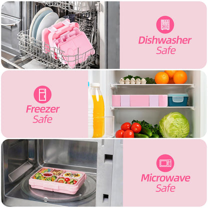 MSSWFSG Bento Lunch Box for Kids, 6 Compartments BPA Free, Dishwasher Safe Back to School Snack Bento Lunch Containers Boxes, Ideal Portion Sizes for On-the-Go Meal, Ages 3+, School, Pink