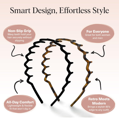 Kitsch Zig Zag Headbands for Women Non Slip – Fashion Accessories for Slicked Back Styles - Comfortable Comb Headband with Teeth | Ideal Gifts for Women - Tortoise & Black Headband - 2 pcs