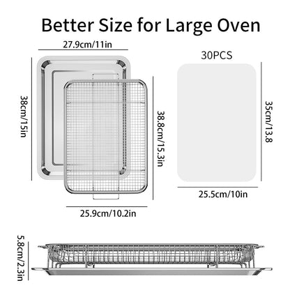Air Fryer Basket for Oven, OPENICE 15.3" x 11.0" Large Air Fryer Tray and Pan with 30PCS Parchment Papers, Stainless Steel Oven Air Fryer Basket and Tray for Baking Grilling
