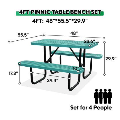 4FT Metal Picnic Tables for Outdoors, Commercial Rectangular Picnic Table and Bench Set for Outside, Patio, Garden, Backyard, Porch, Surface Mount, Green
