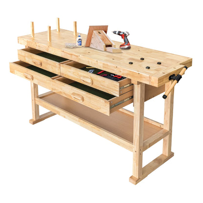 Olympia Tools 64.5” Rubber Hardwood Workbench with 4-Drawers & Clamp, 450 lb Capacity – Heavy-Duty Woodworking Storage, Tools Organizer, and Craftsman Standing Station Table for Workshop