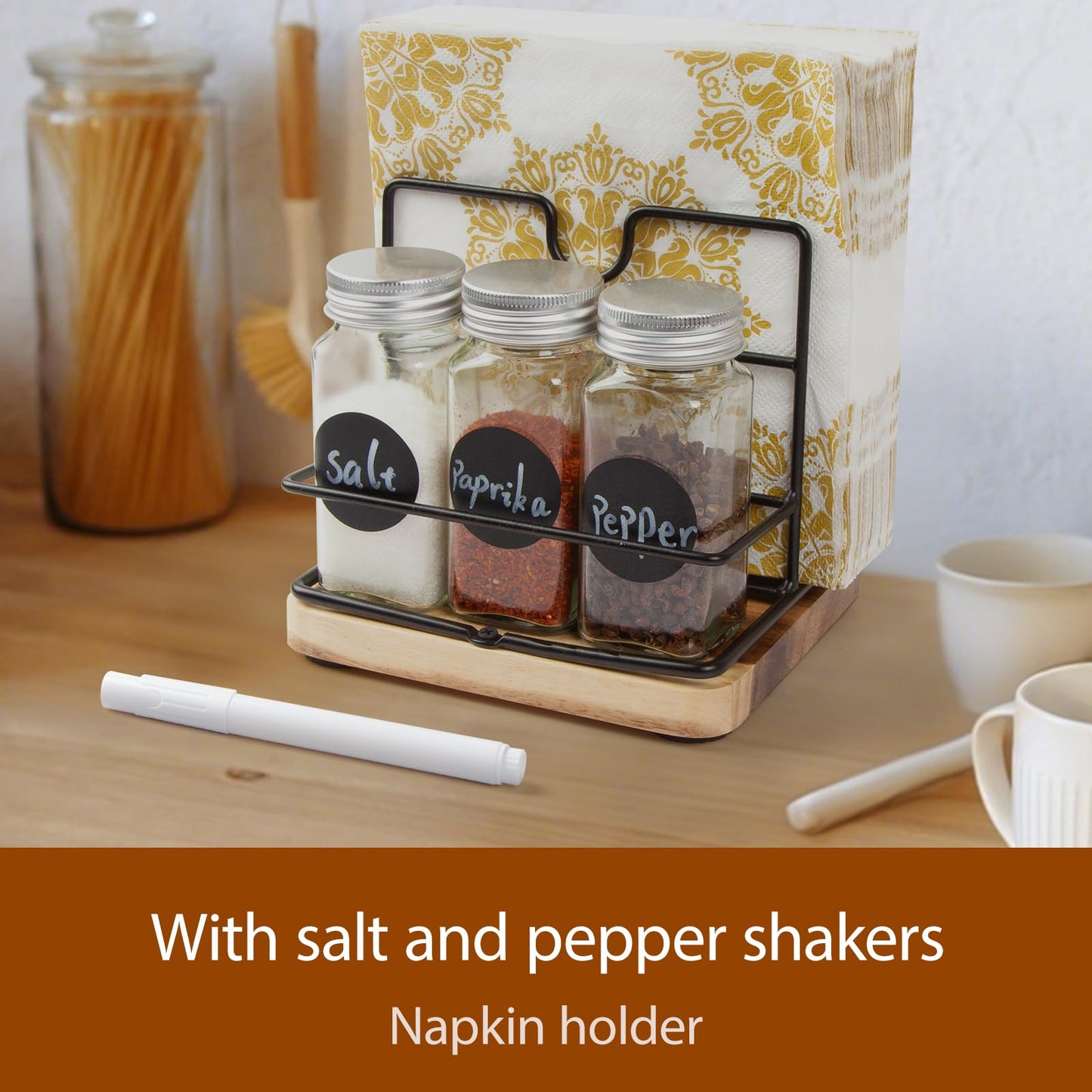 Wood Napkin Holder for Paper Napkin with Salt and Pepper Sharkers for Kitchen Dinner Table Counter Rustic Uplight Napkin Holder Disepenser for Restaurtant and Home Dinning.(Includ 3 Spice Bottles)