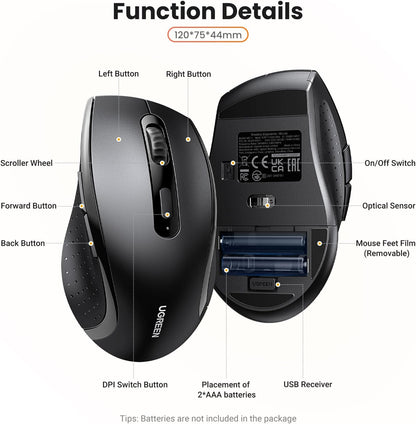 UGREEN 2.4GHz Wireless Mouse Ergonomic 1600 DPI USB Receiver Compatible with Windows Mac Linux Chromebook Laptop PC
