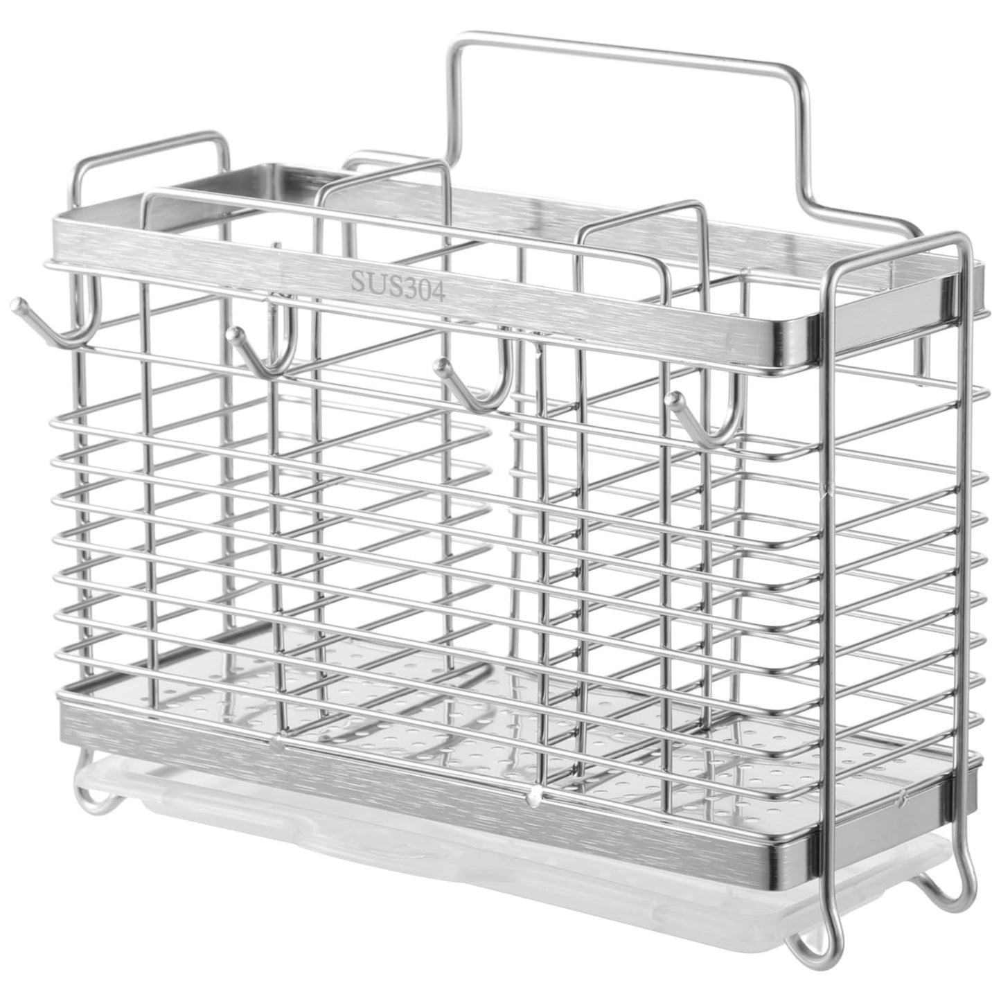 OMISTAR Silverware Drying Rack - Metal Basket, 3 Compartments Stainless Steel Wire Holder, Kitchen Countertop Organizer with 4 Hooks for Forks, Spoons, Chopsticks