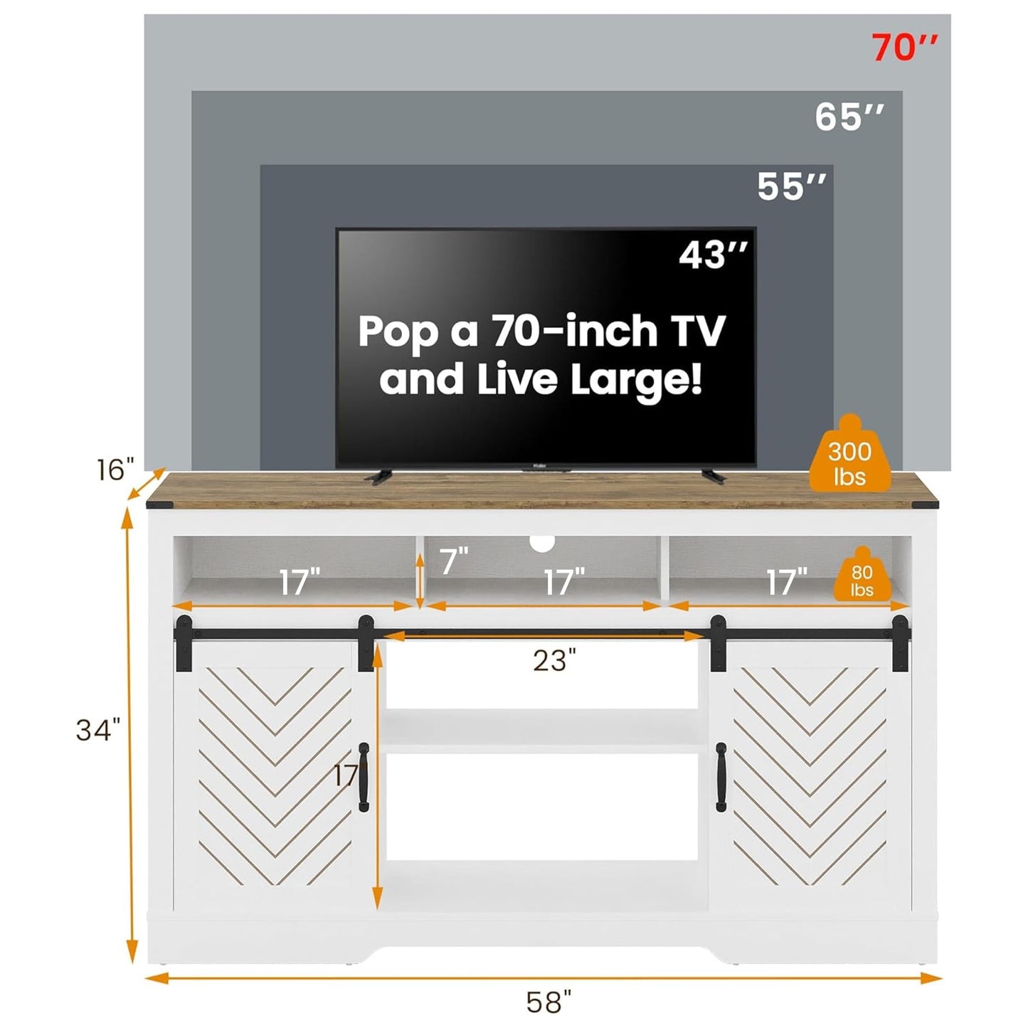 RoyalCraft Farmhouse Fireplace TV Stand for 65+ TV, Entertainment Center with 23" Electric Fireplace with Remote, 34" Tall Modern Rustic TV Console with Sliding Bar Door for Living Room, Antique White