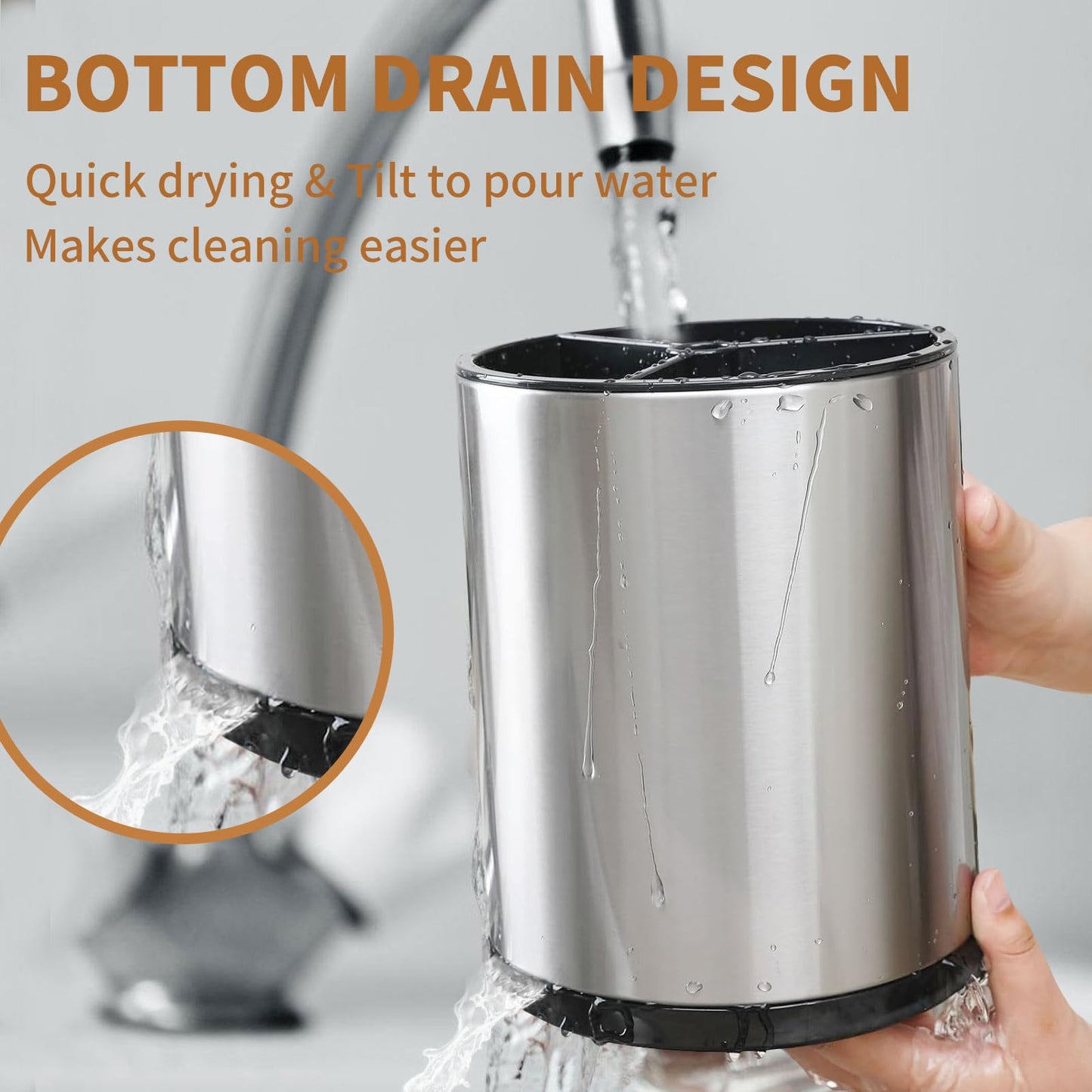 Nigelia Extra Large Kitchen Utensil Holder, 360° Rotating Stainless Steel Cooking Utensil Holder for Countertop, 3 Compartment Flatware Organizer & Cooking Caddy with Removable Base（Silvery）
