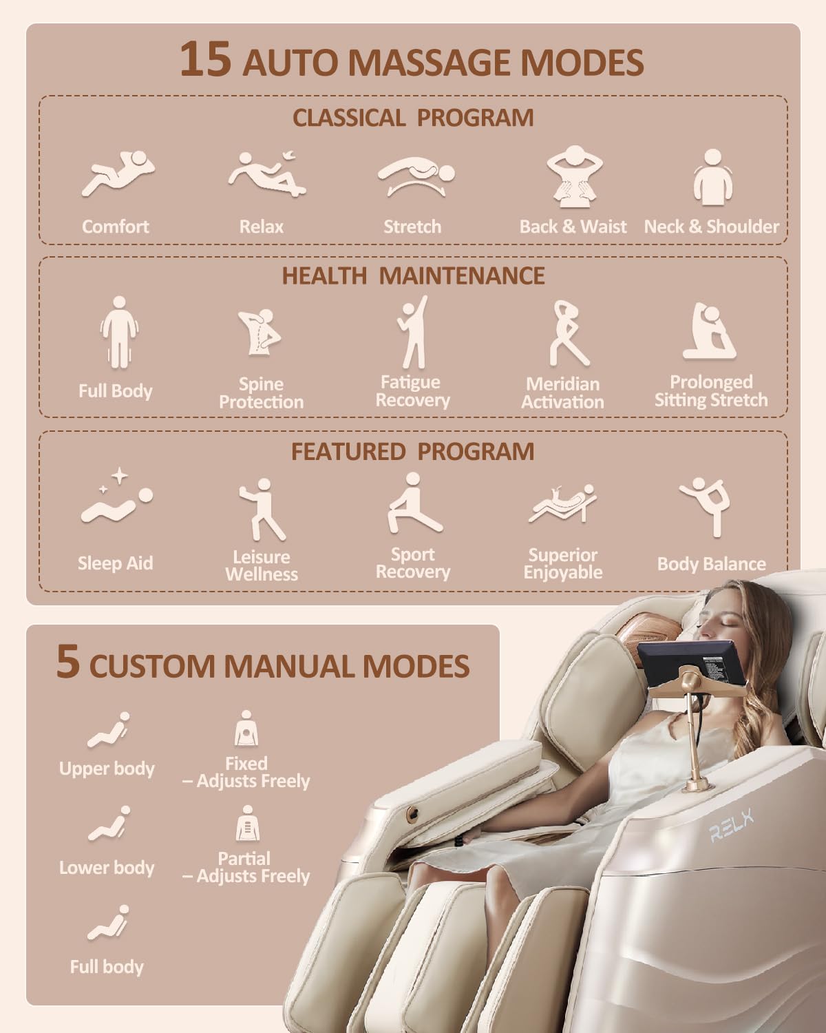 RELX Massage Chair Full Body, 20 Modes Zero Gravity SL-Track Shiatsu Massage Chair Built-in Heat System, Airbag Massage with Body Scan, Deep Yoga Stretch, Calfrest Extension and AI Control(Cream)