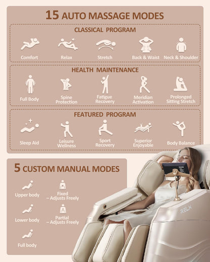RELX Massage Chair Full Body, 20 Modes Zero Gravity SL-Track Shiatsu Massage Chair Built-in Heat System, Airbag Massage with Body Scan, Deep Yoga Stretch, Calfrest Extension and AI Control(Cream)