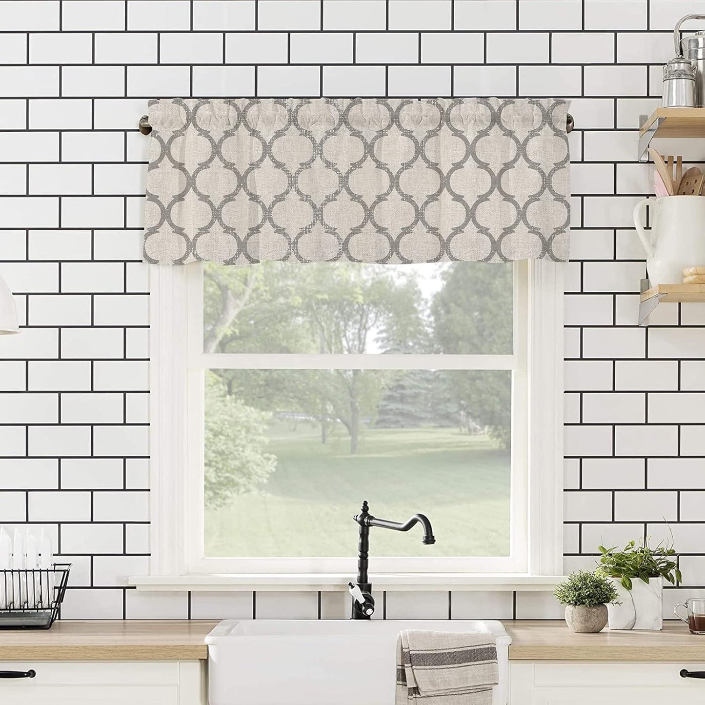 Hostline 42"x12" Valances Curtains for Living Room Farmhouse Burlap Texture Vintage Moroccan Semi Sheer Valance