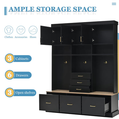 Amposei Hall Tree with Storage Bench & Coat Rack 58’’W Modern Tall Entryway Oranizer Cabinet with 6 Drawers, 3 Metal Hooks for Living Room Hallway Mudroom, Black