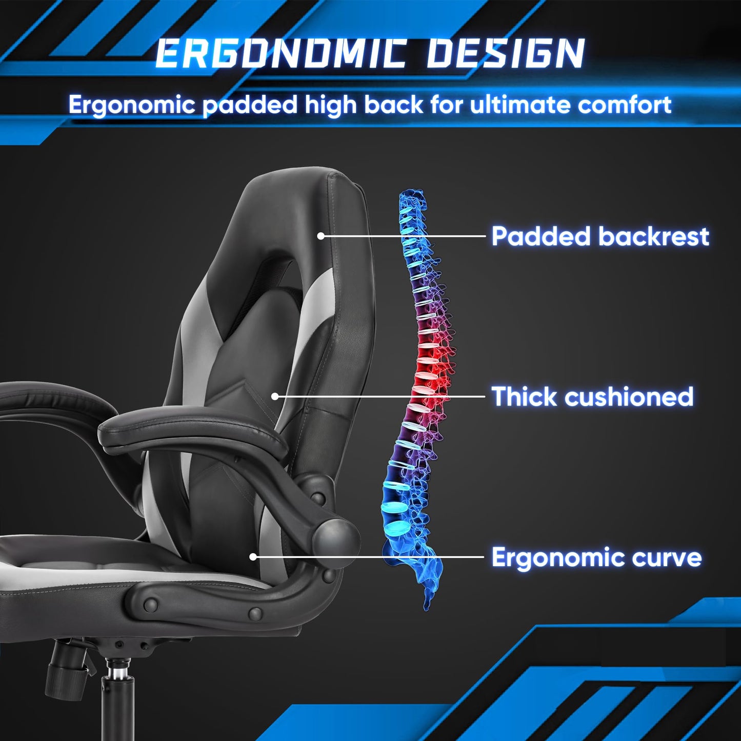 DUMOS Computer Game Desk Chair - Ergonomic PU Leather Lumbar Support, Height Adjustable High Back Video Game with Flip-up Armrest, Rolling Swivel for Adults, Grey
