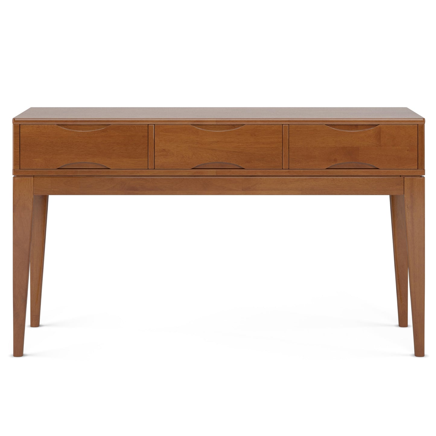 SIMPLIHOME Harper Console Table - 54 Inch Wide Solid Hardwood Sofa Table in Teak Brown, Mid-Century Modern Storage Table for Entryway or Living Room with 3 Drawers, Notched Handles, and Tapered Legs