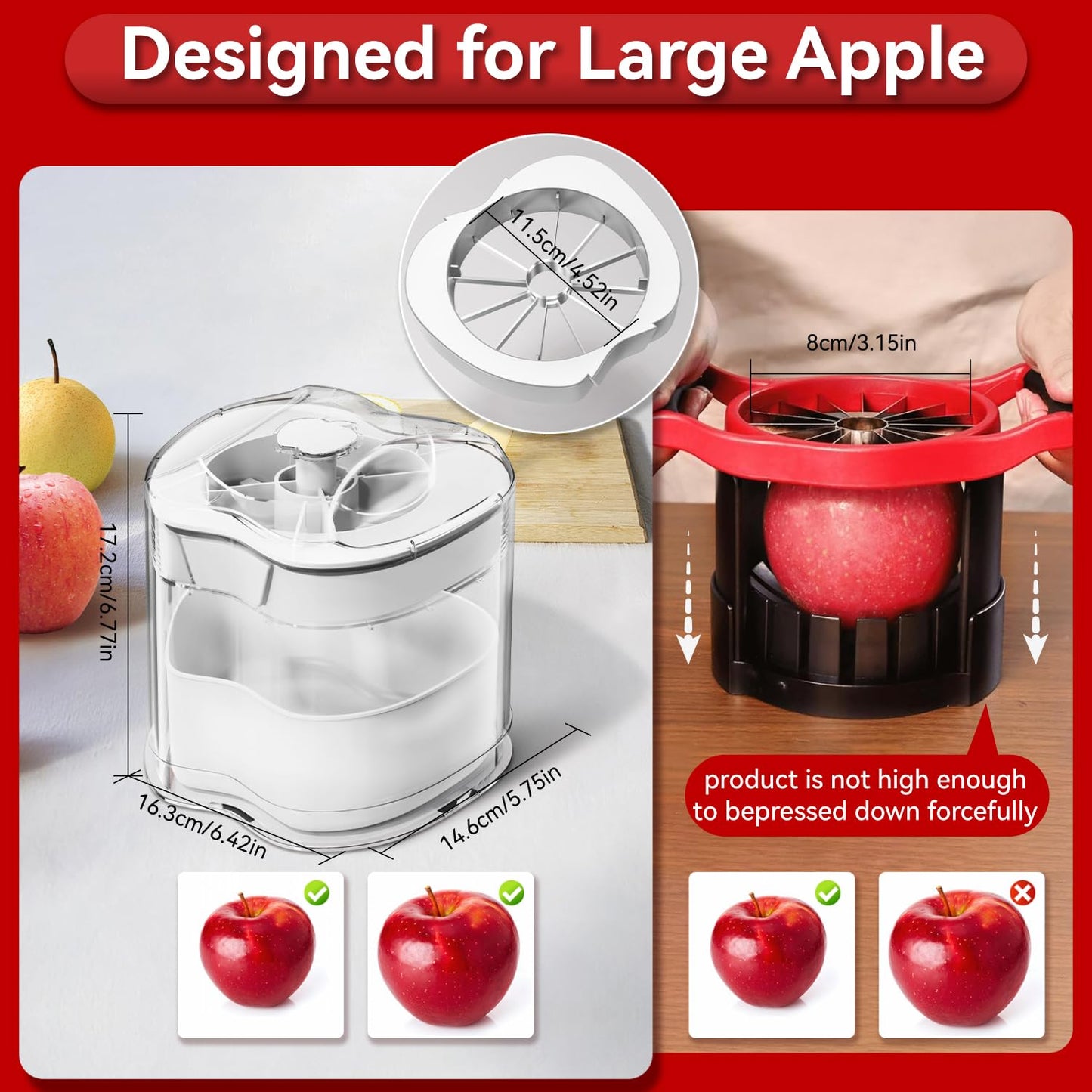 NEW Professional Apple Slicer and Corer 6.42in- Stainless Steel Apple Cutter with 12 Slices, Heavy Duty Design for Large Apples, Thin Slices, Compatible with Pears and Other Fruits（White）