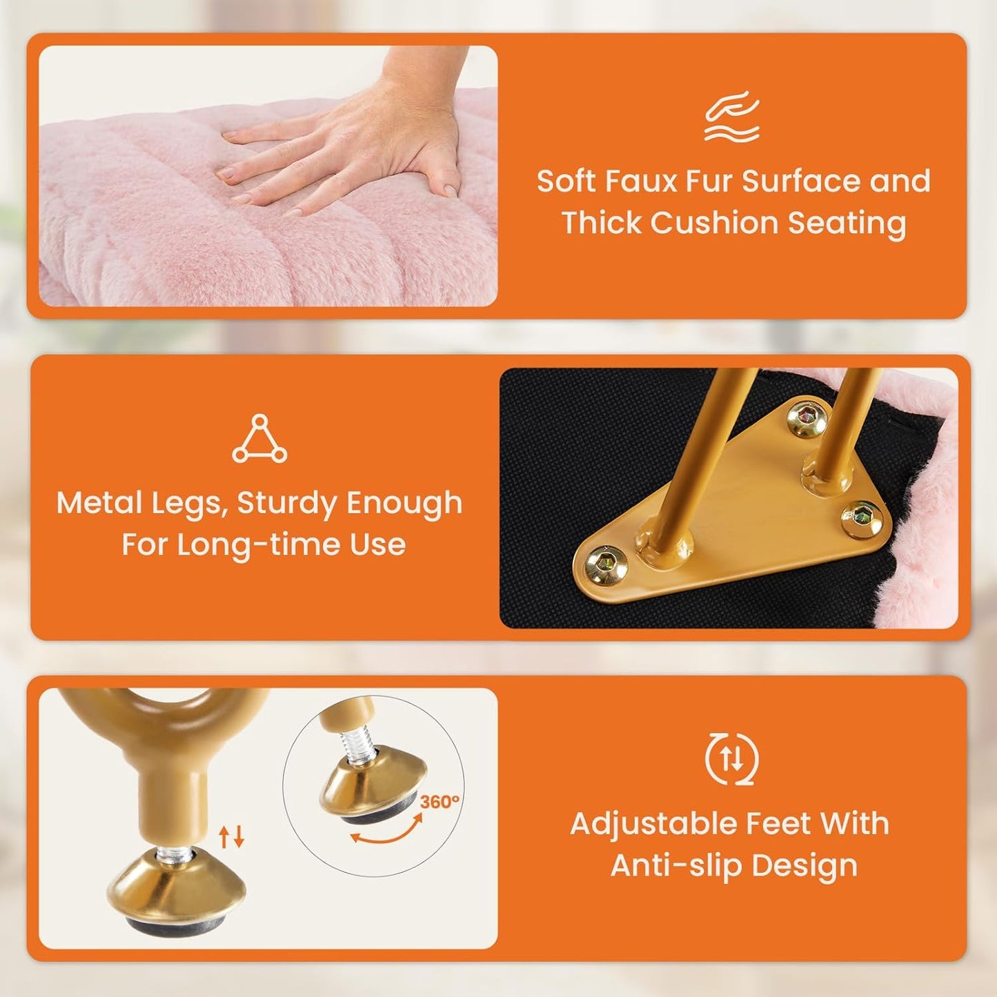 18.9H 16L 12.2W 4 Sweetcrispy Vanity Stool Chair with Storage, x x Ottoman Chair Faux Fur Soft Padded Makeup Footstools