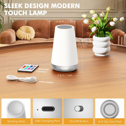 Auxmir LED Night Light Bedside Lamp Touch and Remote Control Dimmable Tabletop 13 RGB Colors Changing 5 Brightness Adjustable Rechargeable Portable Lamp for Baby Kids Nursery Bedroom Bathroom Camping
