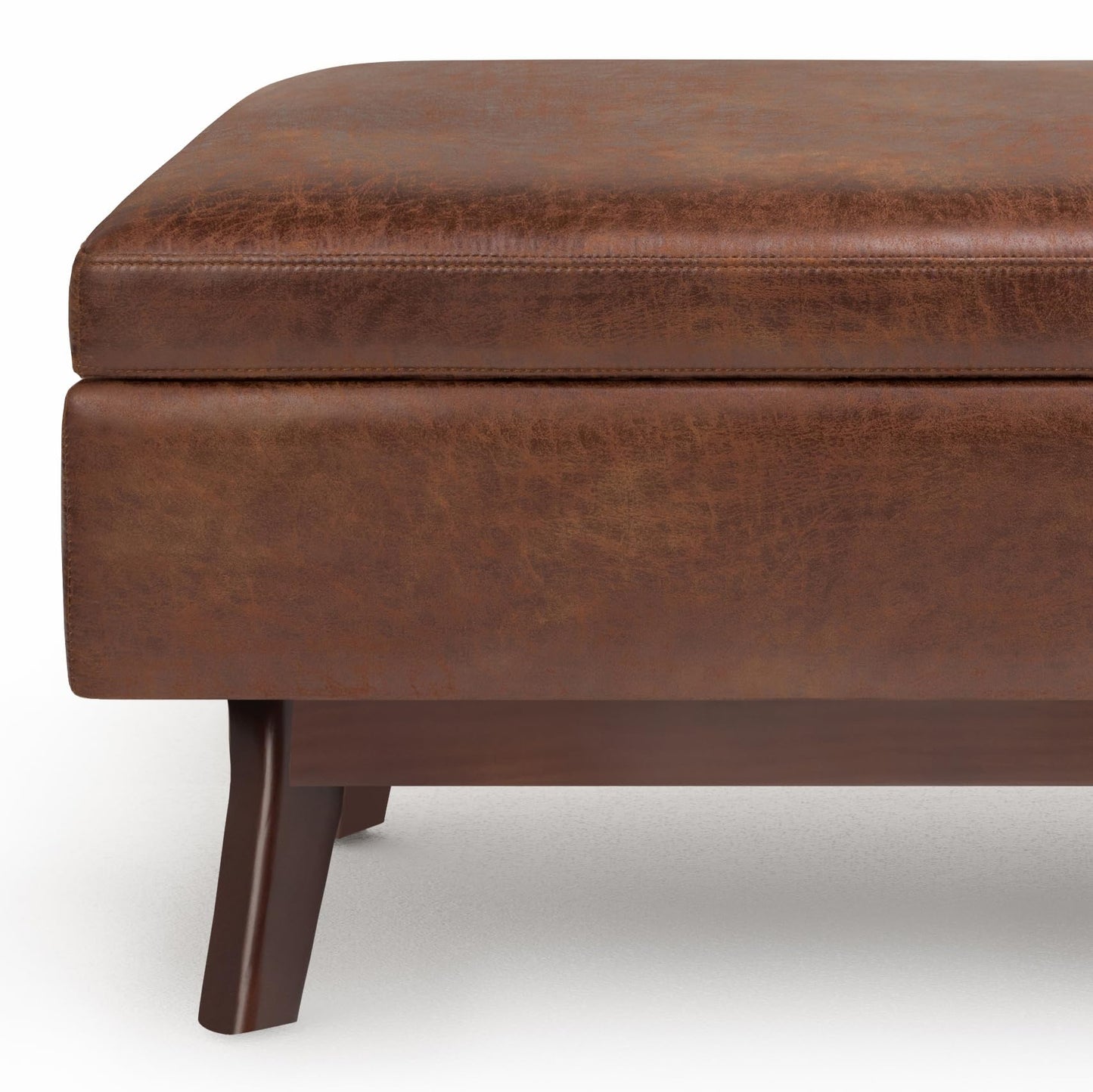 SIMPLIHOME Owen Small Rectangular Storage Ottoman - 36 inch Wide Upholstered Vegan Leather Lift-Top Ottoman in Distressed Saddle Brown, Mid-Century Modern Ottoman for Living Room with Tufted Detail