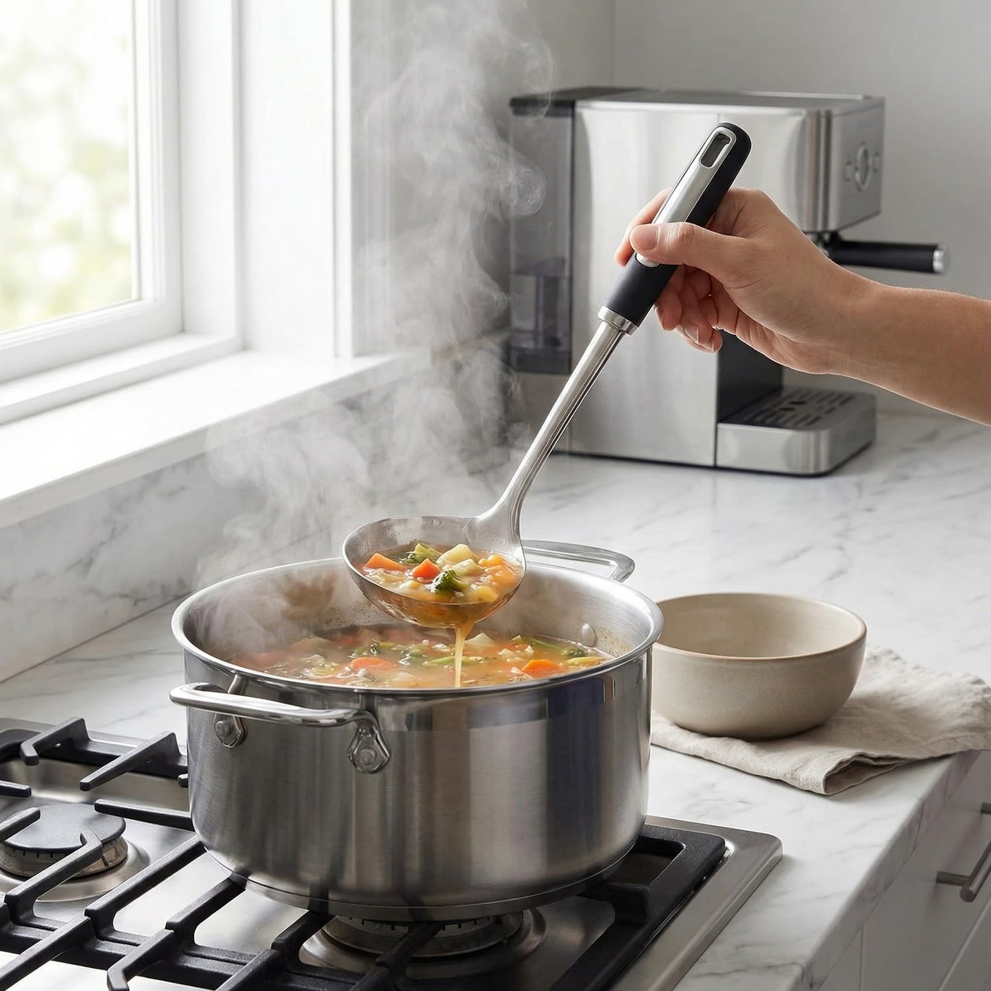 Stainless Steel Cooking Spoons Set – Includes Slotted Spoon, Serving Spoon & Soup Ladle, Heat-Resistant, Dishwasher Safe, Ergonomic Handles for Home & Commercial Use