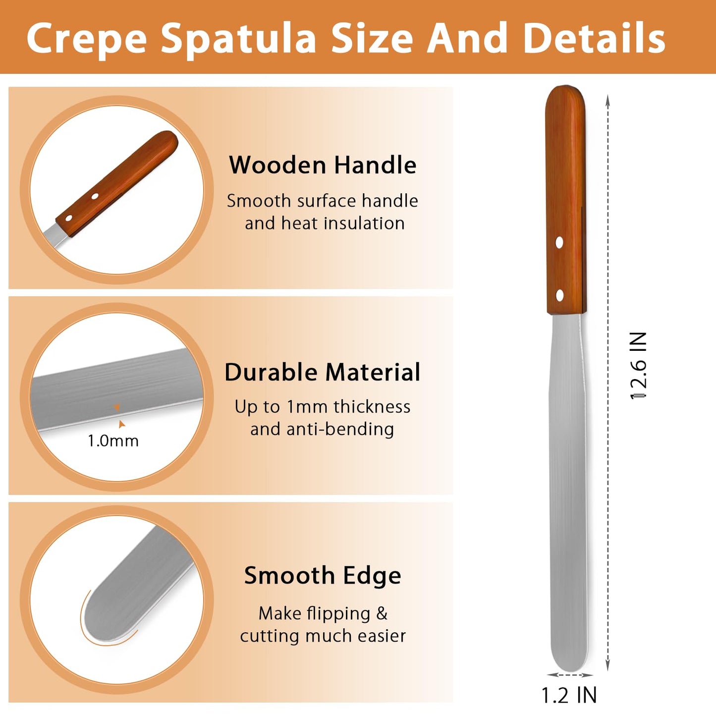 Lilithye Crepe Spreader and Spatula Kit Stainless Steel Crepe Spreader Tool 5", 7" Spreaders and 12" Spatula(3 Pcs)