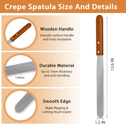 Lilithye Crepe Spreader and Spatula Kit Stainless Steel Crepe Spreader Tool 5", 7" Spreaders and 12" Spatula(3 Pcs)