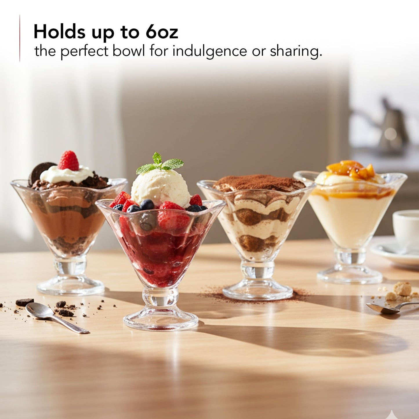 OVENTE 4 Pack Glass Dessert Bowls with Spoons, 6 Oz Footed Ice Cream Cups for Sundae, Fruit, Salad, Cocktail, Snack or Trifle, All Purpose Serving Bowl Ideal for Christmas Holiday Party, Clear ICGBSS4
