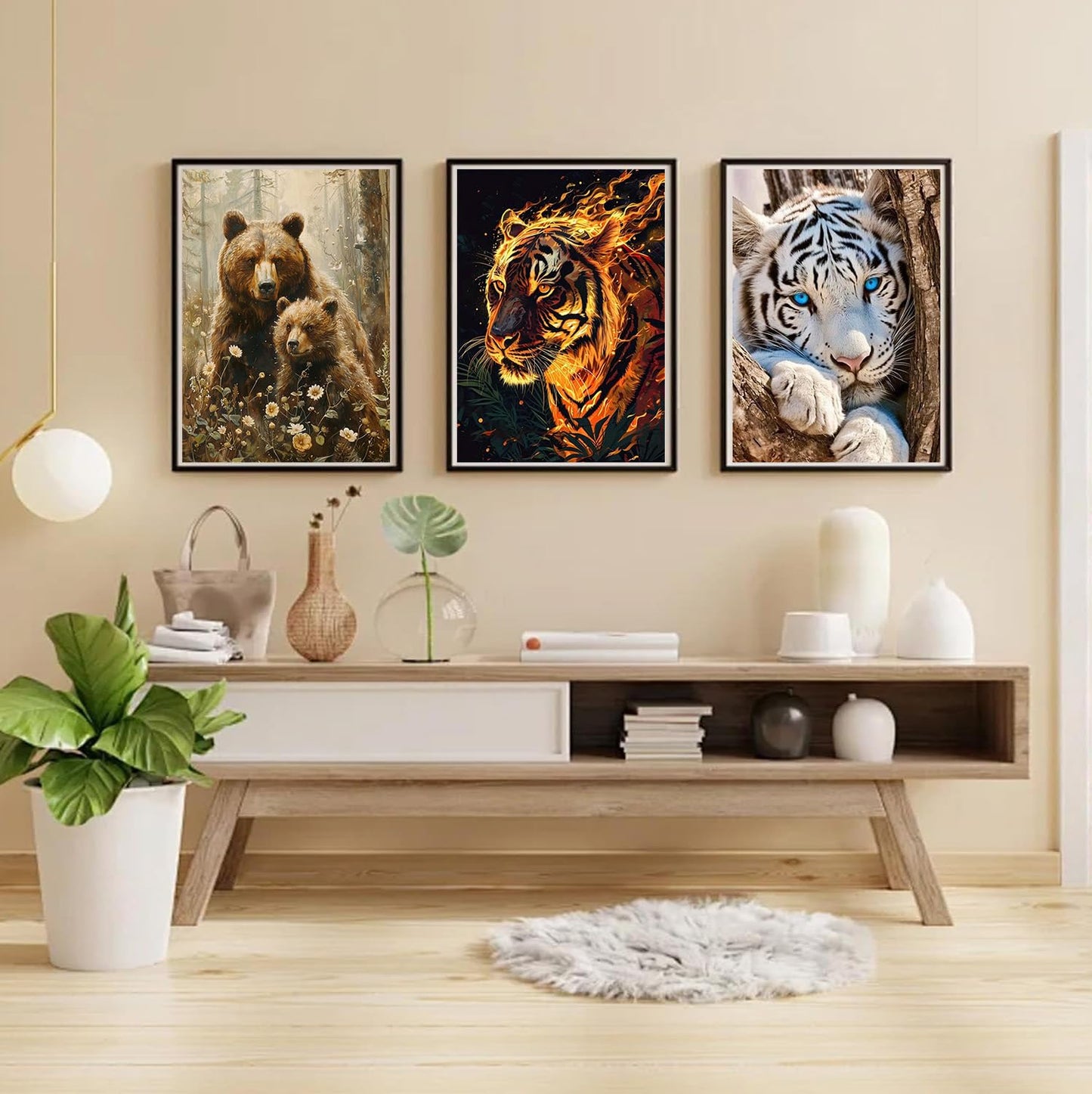 ijbnhd 3 Pack Diamond Art Kits for Adults, Animals Diamond Painting Kits for Adults Beginners, 5D DIY Paint with Diamonds Gem Art Dots Set for Home Wall Decor 12 x 16 Inch (Bear and Tiger)