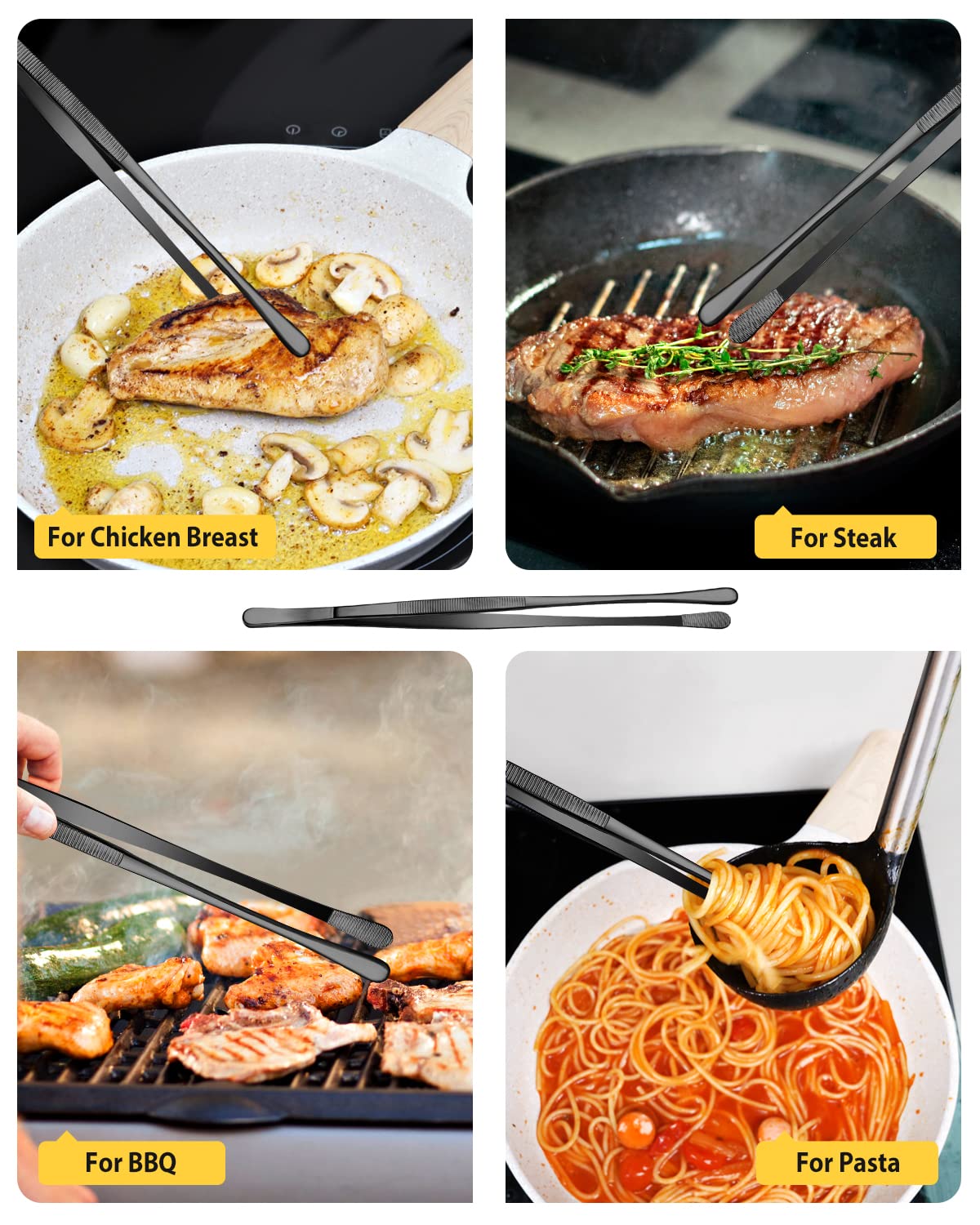 2 Pcs Kitchen Fine Tweezer Tongs, 12'' Stainless Steel Food Tweezers Set, Professional Black Kitchen Long Tweezer for Cooking, Repairing, Sea food and BBQ(BLACK)
