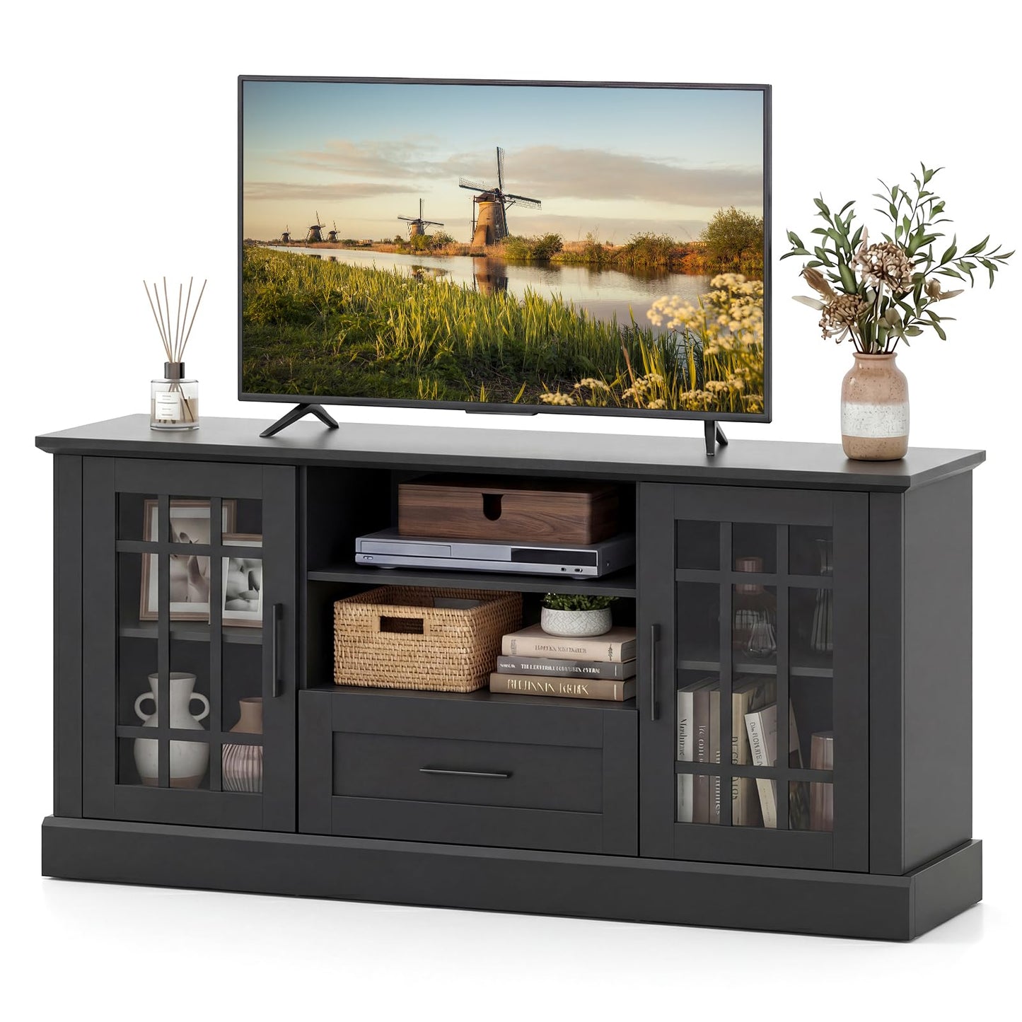 Giantex Farmhouse TV Stand for 65/70 Inch TV, Tall Entertainment Center with Storage Cabinets, Glass Doors, Drawer, Removable Shelves, Media TV Console Table for Living Room, Bedroom (Black)