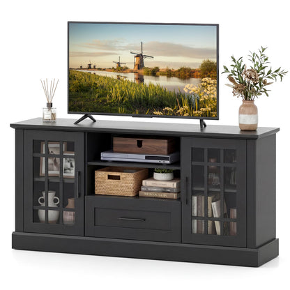 Giantex Farmhouse TV Stand for 65/70 Inch TV, Tall Entertainment Center with Storage Cabinets, Glass Doors, Drawer, Removable Shelves, Media TV Console Table for Living Room, Bedroom (Black)