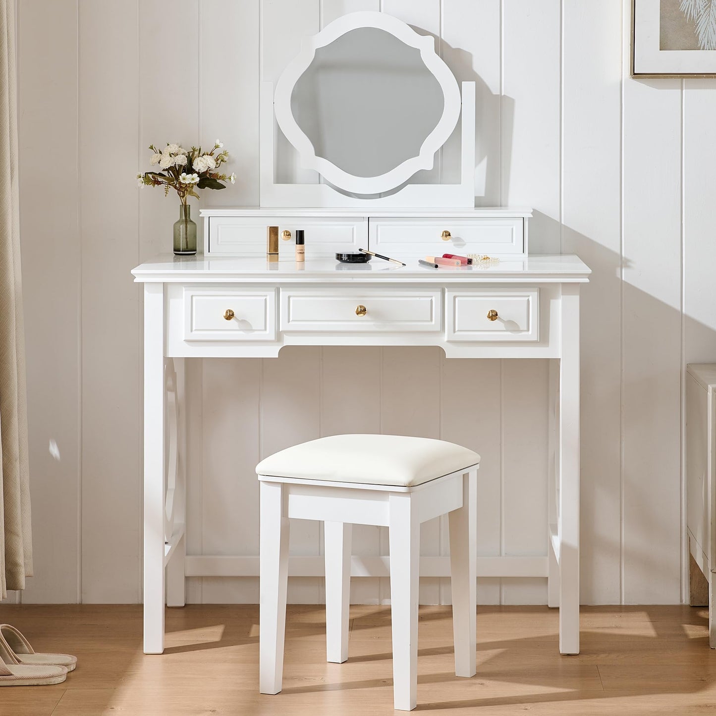 Merax 35.5 Inch Vanity Desk with Reversible Mirror, Compact White Makeup Vanity Table Set with 5 Storage Drawers & Chair, Modern Small Exquisite Dressing Table for Women Girls Bedroom Dorm