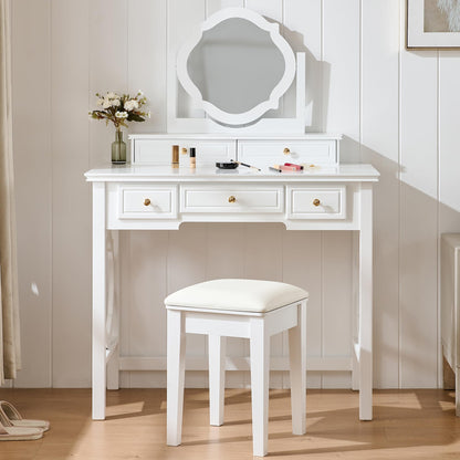 Merax 35.5 Inch Vanity Desk with Reversible Mirror, Compact White Makeup Vanity Table Set with 5 Storage Drawers & Chair, Modern Small Exquisite Dressing Table for Women Girls Bedroom Dorm