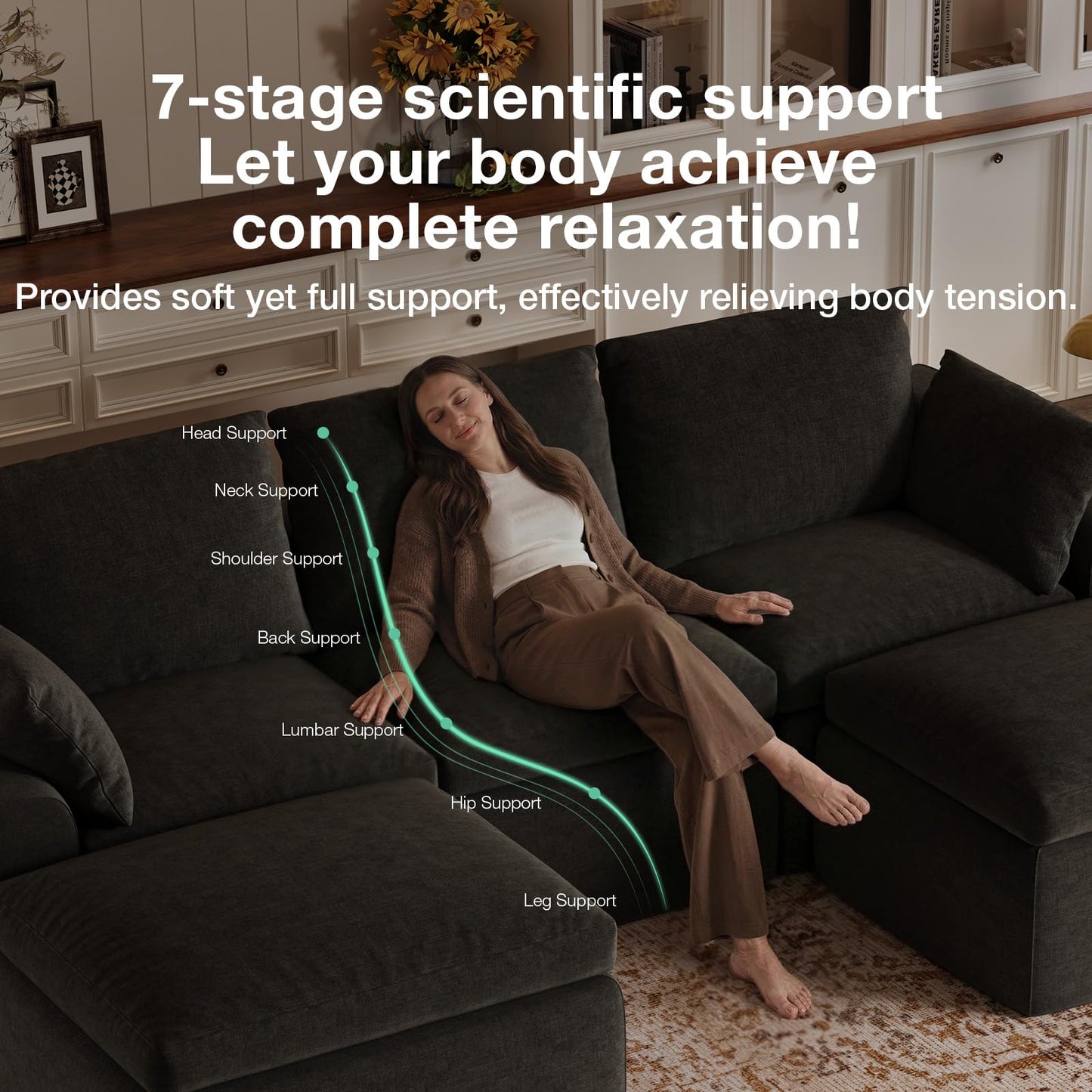 Novilla 104.3" Modular Cloud Couch, Modern Sectional Sofa with Smarts Coil® Support, Chenille Fabric, Upholstered Couch for Living Room Apartments Bedroom, No Assembly, 3 Seater + 1 Ottoman, Dark Grey