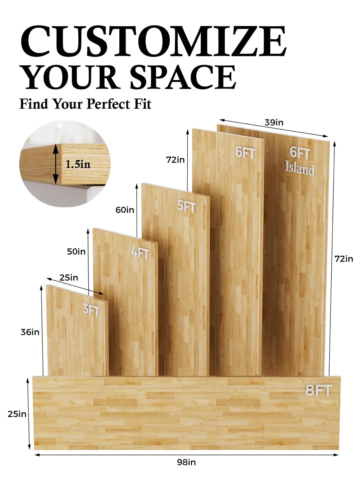 8FT Butcher Block Countertop Birch Solid Wood - 98" x 25" Table Top Butcher Block Cutting Board for Kitchen Island Cart Living Dining Office Desk Washer Dryer Countertop Replacement Unfinished 1.5" Th