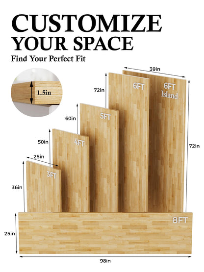 5FT Butcher Block Countertop Birch Solid Wood - 60" x 25" Table Top Butcher Block Cutting Board for Kitchen Island Living Dining Table Office Desk Workbench laundry Countertop Unfinished 1.5" Th