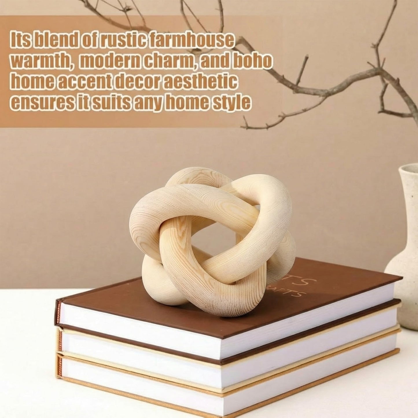 Yalikop 3 Link Wood Knot Decor Rustic Home Décor Accents Hand Carved Coffee Table Decoration, Boho Chain Link Decoration, Modern Shelf, Rustic Objects for Home Living Room Bedroom(Natural)