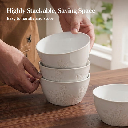 DOWAN 32 OZ Bowls, Soup Bowl Set of 4, Large Ceramic Bowls for Soup, Cereal, Pasta Bowls, Embossed Floral Design, Stackable, Microwave & Dishwasher Safe, for Ramen and Salad