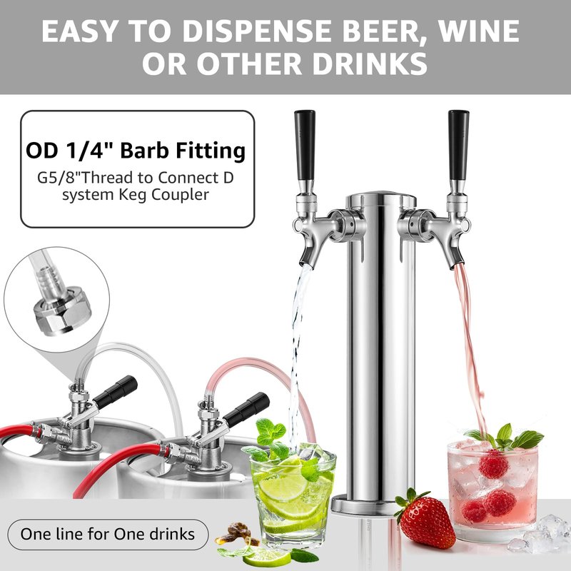 Dual Beer Tap Tower Dispenser with 1/4" Barb Fitting, Draft Kegerator Tap Tower Keg Tower Stainless Brass Core Self-Closing Beer Faucet Brewing Tower Dispenser with Pre-assembled Lines Kit