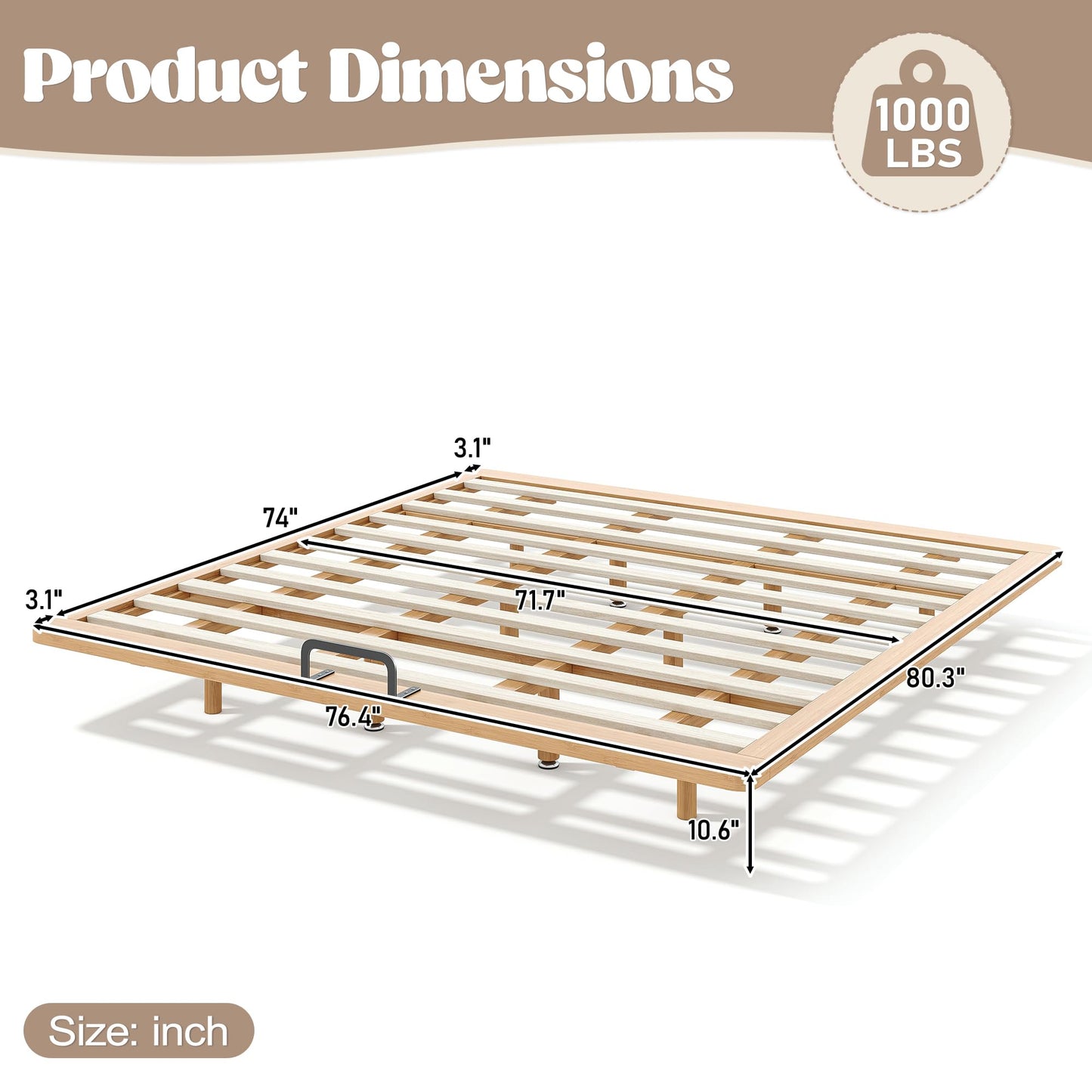 KEIKI King Size Bamboo Platform Bed, Mid-Century Modern Style Floating Bed Frame with Wooden Solid Support Slats, No Box Spring Needed, Easy Assembly, Noise Free, for Bedroom, Guest Rooms, Natural
