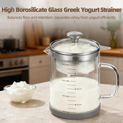 Greek Yogurt Strainer, 50 oz Nut Milk Strainer, Juice Food Strainer, Glass Teapot with Mesh Strainer, Iced Tea Pitcher, 1500 ml Heat & Cold Resistant High Borosilicate Glass Jug with Handle and Lid