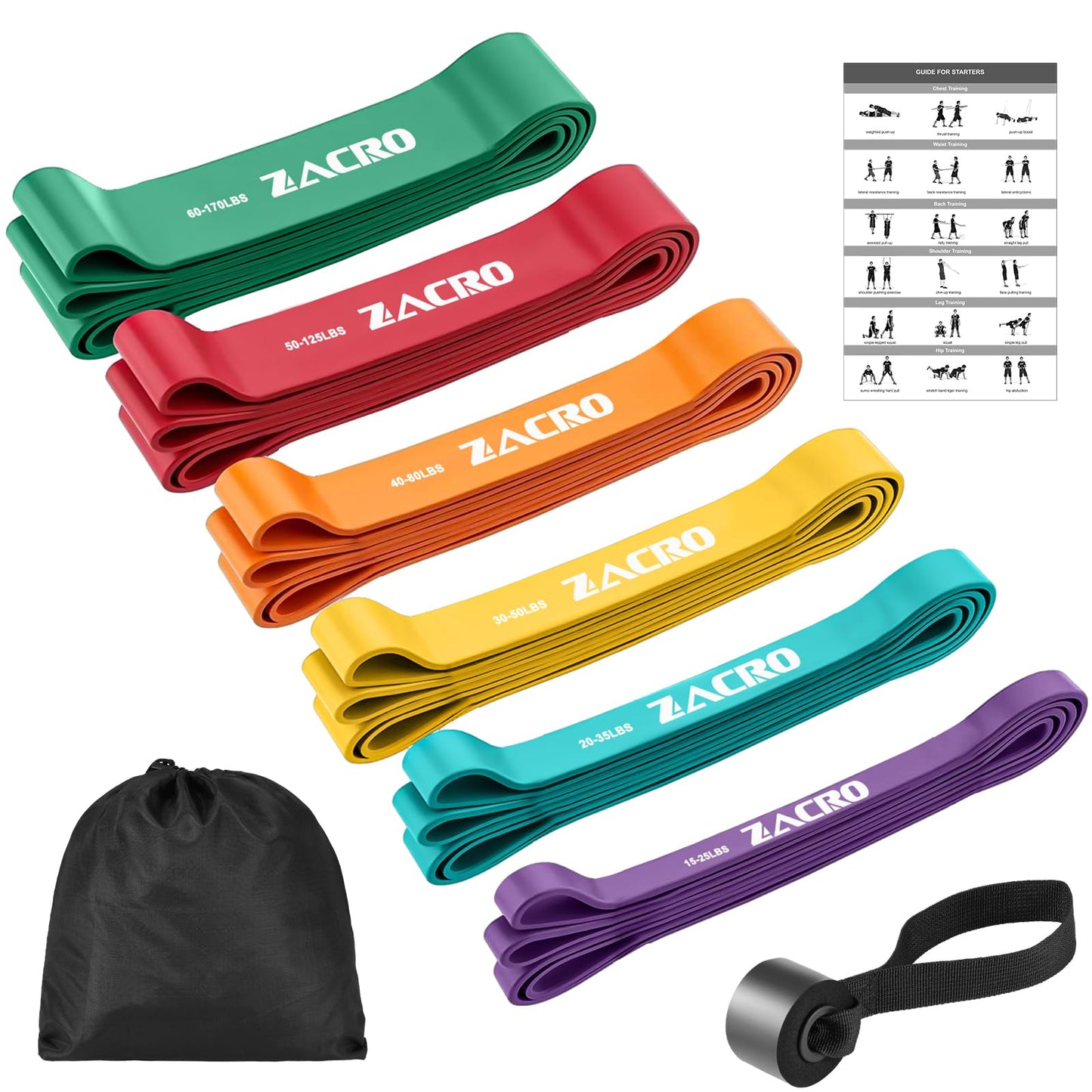 Zacro Resistance Bands, 6 Resistance Levels Pull Up Assistance Bands, Exercise Bands for Men&Women, Heavy Duty Resistance Band Set with Door Anchor, for Working Out, Muscle Training, Physical Therapy