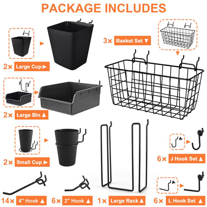 Pegboard Basket Organizers, Peg Board Large Baskets Hooks Bins Cups Tool Organizer 42 Pack Set, Wall Storage Display Hanging Accessories for Craft Office Stadio Shed Garage Organization (Black)