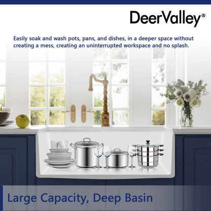 DeerValley Farmhouse Kitchen Sink 33 inch, White Fireclay Apron Front Farm Sinks, Single Bowl Deep Drop In Undermount Sink with Grid and Basket Strainer, Easy to Clean