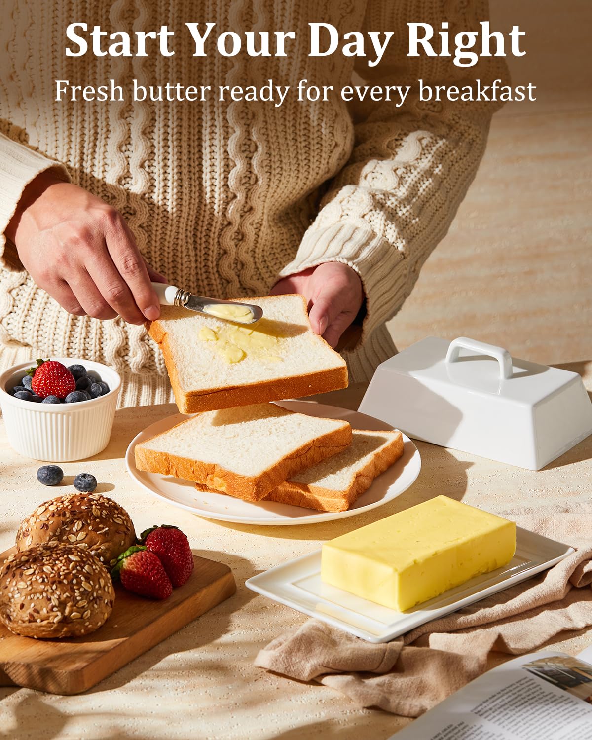 Yedio Large Butter Dish with Lid for Countertop, Porcelain Butter Keeper with Cover and Knife, Butter Holder Tray for 2 Sticks East Coast/West Coast/European Style Butter