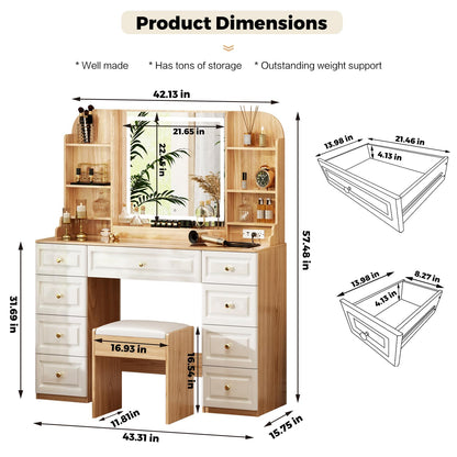 Arulvmrn 43" Makeup Vanity Desk with Mirror and Lights, & Power Outl, Glass Top Big Vanity Table with 9 Drawers& 8 Storage Shelves, Dressing Table Set with Chair for Bedroom, Oak